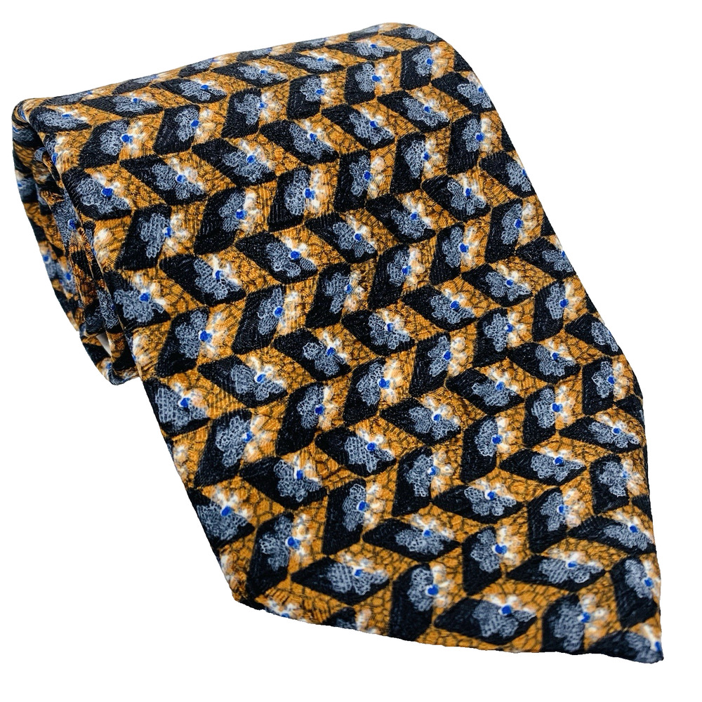 ERMENEGILDO ZEGNA Silk Tie 55”x3.6” White Blue Flower on Gold Black Chevron NWT
